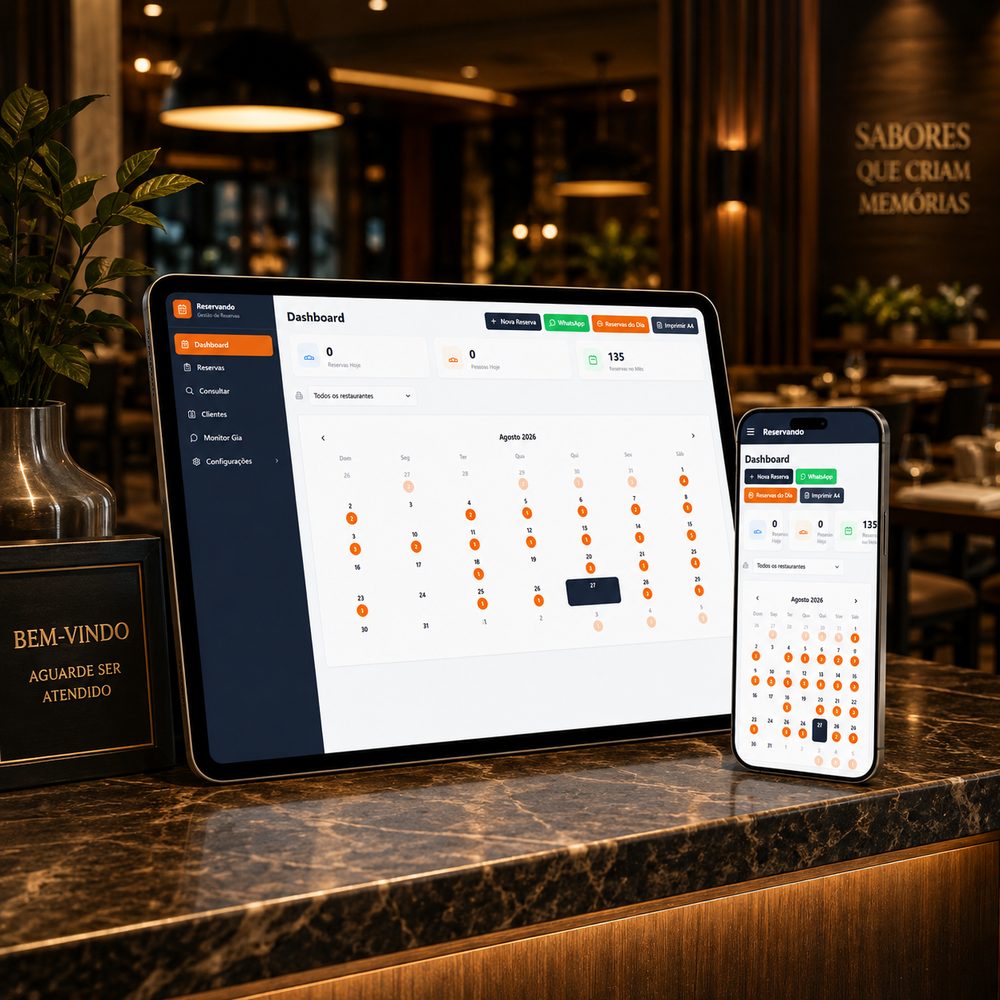 Sistema Reservando no tablet e celular, em um restaurante